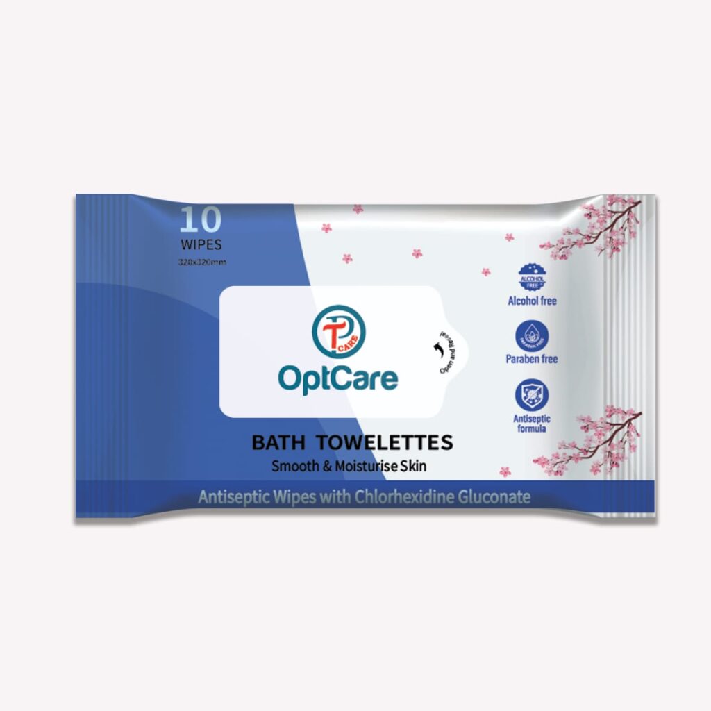 OptCare Bed Bath Wipes packaging showcased on a pristine white surface, emphasizing its key benefits including hypoallergenic properties, moisturizing formula, and ease of use, making it perfect for patients, elderly care, travelers, and busy families. Contact details for pre-order and bulk purchase are also displayed.