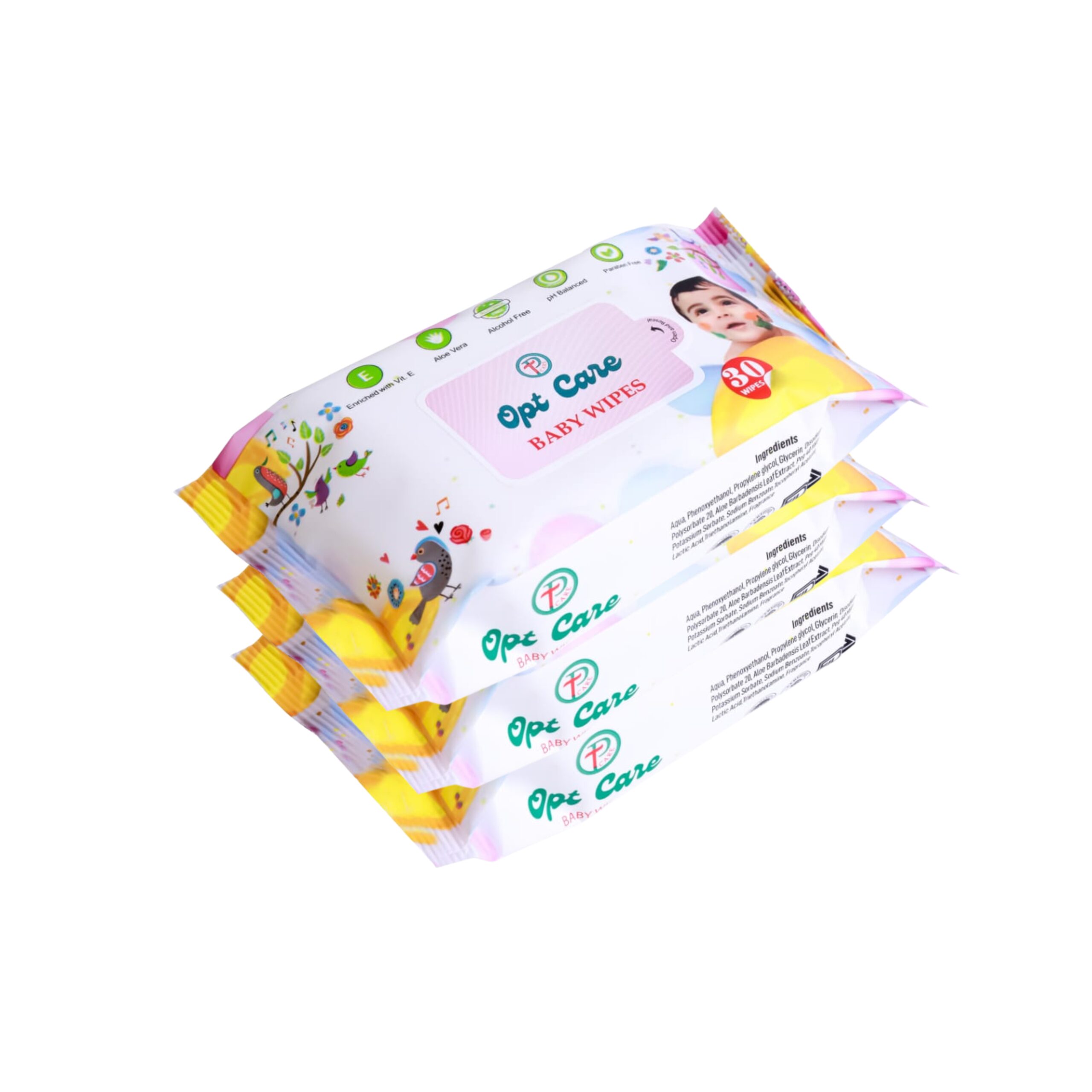 "OptCare Baby Wet Wipes Pack of 3 (30 Wipes Each) – Hypoallergenic, Aloe Vera Enriched Wipes for Sensitive Baby Skin"