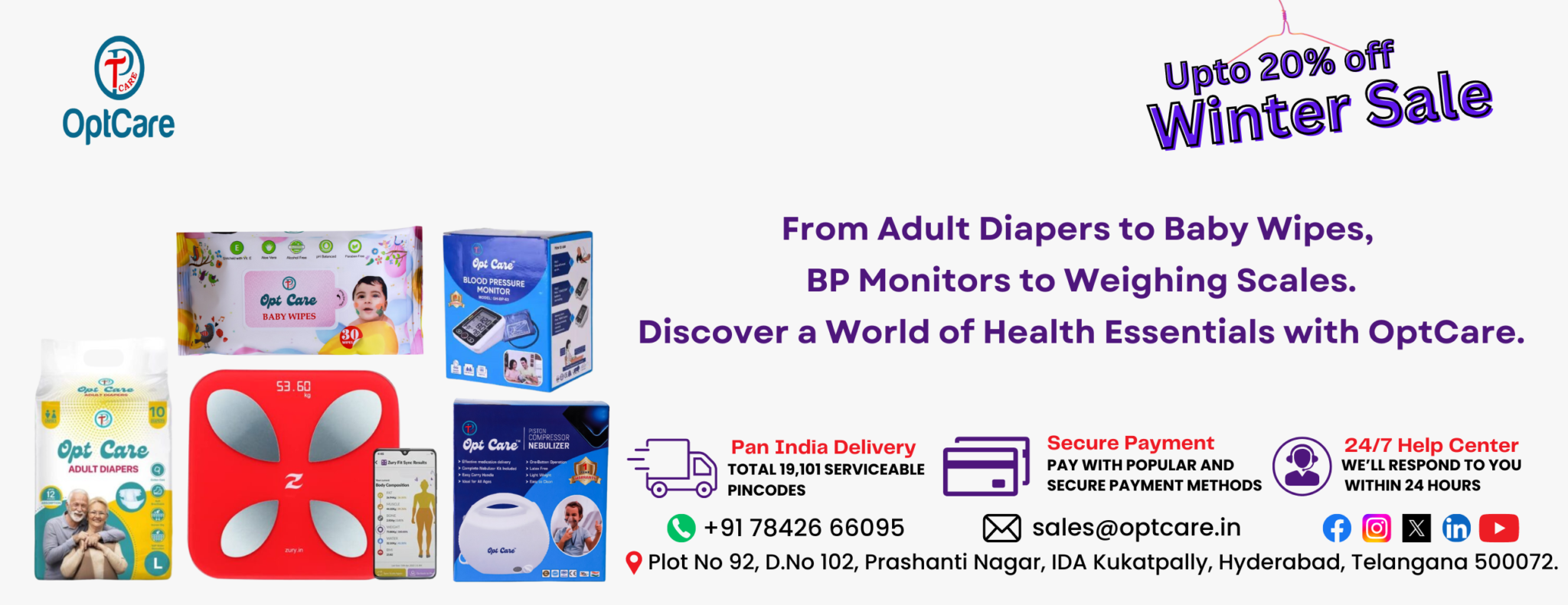 OptCare Winter Sale offering up to 20% off on health essentials like adult diapers, baby wipes, BP monitors, weighing scales, and nebulizers. Healthcare manufacturing firms in KPHB