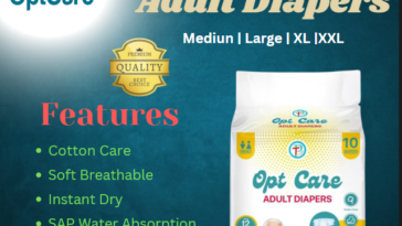 OptCare Adult Diapers with 12-hour absorption, leak prevention, and soft breathable cotton fabric for maximum comfort.