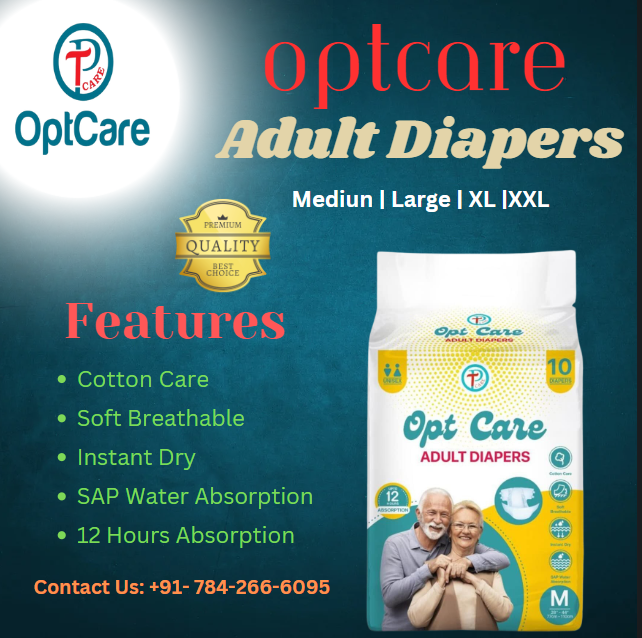 OptCare Adult Diapers with 12-hour absorption, leak prevention, and soft breathable cotton fabric for maximum comfort.