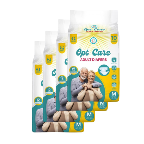 Pack of 4 Opt Care Adult Diapers, medium size, featuring breathable cotton and 12-hour absorption for comfortable incontinence protection.