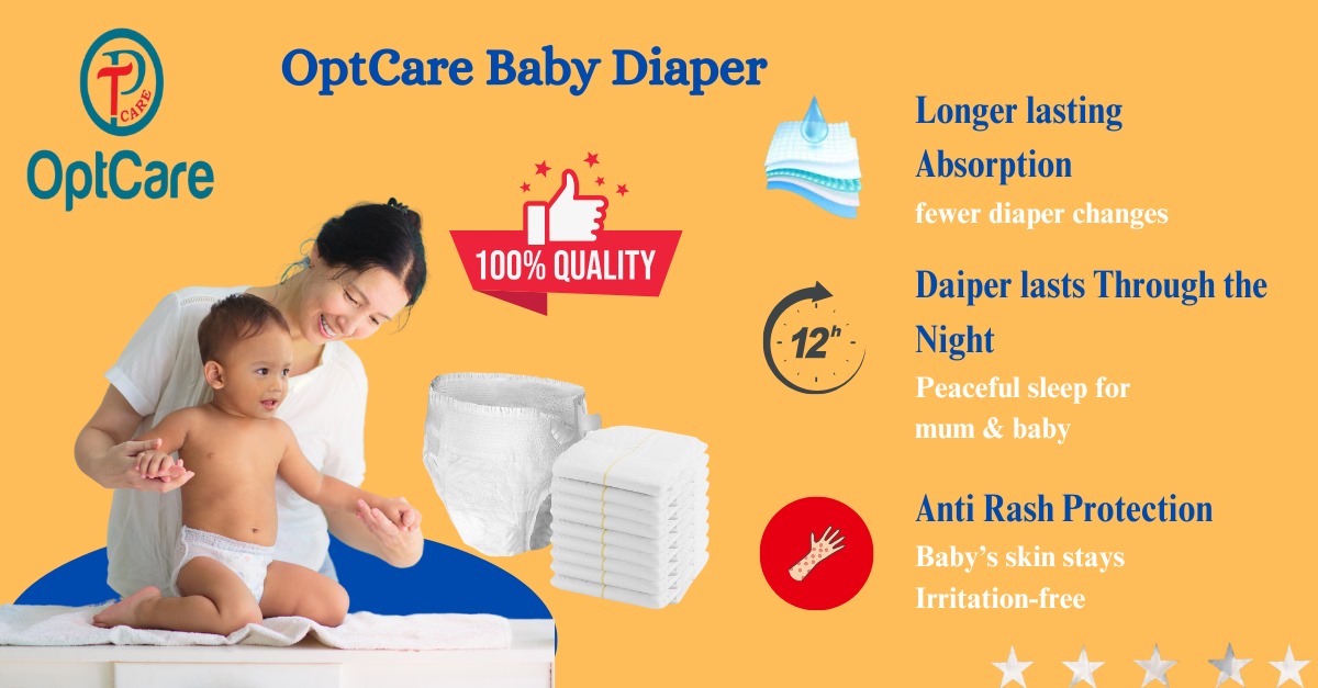 OptCare Baby Diapers with superior absorption, anti-rash protection, and 12-hour leak-free comfort for peaceful nights.