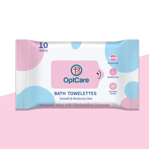 OptCare Antiseptic Bath Towelettes pack with 10 wipes, alcohol-free, paraben-free, and infused with Chlorhexidine Gluconate for smooth and moisturized skin.