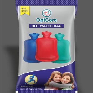 OptCare Hot Water Bag in vibrant red, blue, and green colors with high-quality rubber packaging.