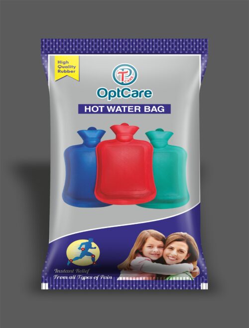 OptCare Hot Water Bag in vibrant red, blue, and green colors with high-quality rubber packaging.