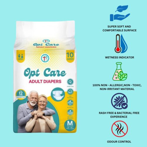 OptCare Premium Adult Diaper Tape Style Unisex, Leakproof, Wetness Indicator,( M - Waist Size 28-44 Inch ; 77-100 cm)