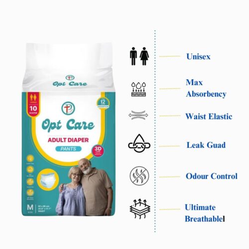 OptCare Adult Diaper Pants Style | Adult Pull Up Medium Size (M)|Waist (60-104 cm|24”- 41”) |12 hr Absorption-Protection | Unisex with Wetness Indicator | Odour Control | Goodness of Aloe Vera | 10 Units